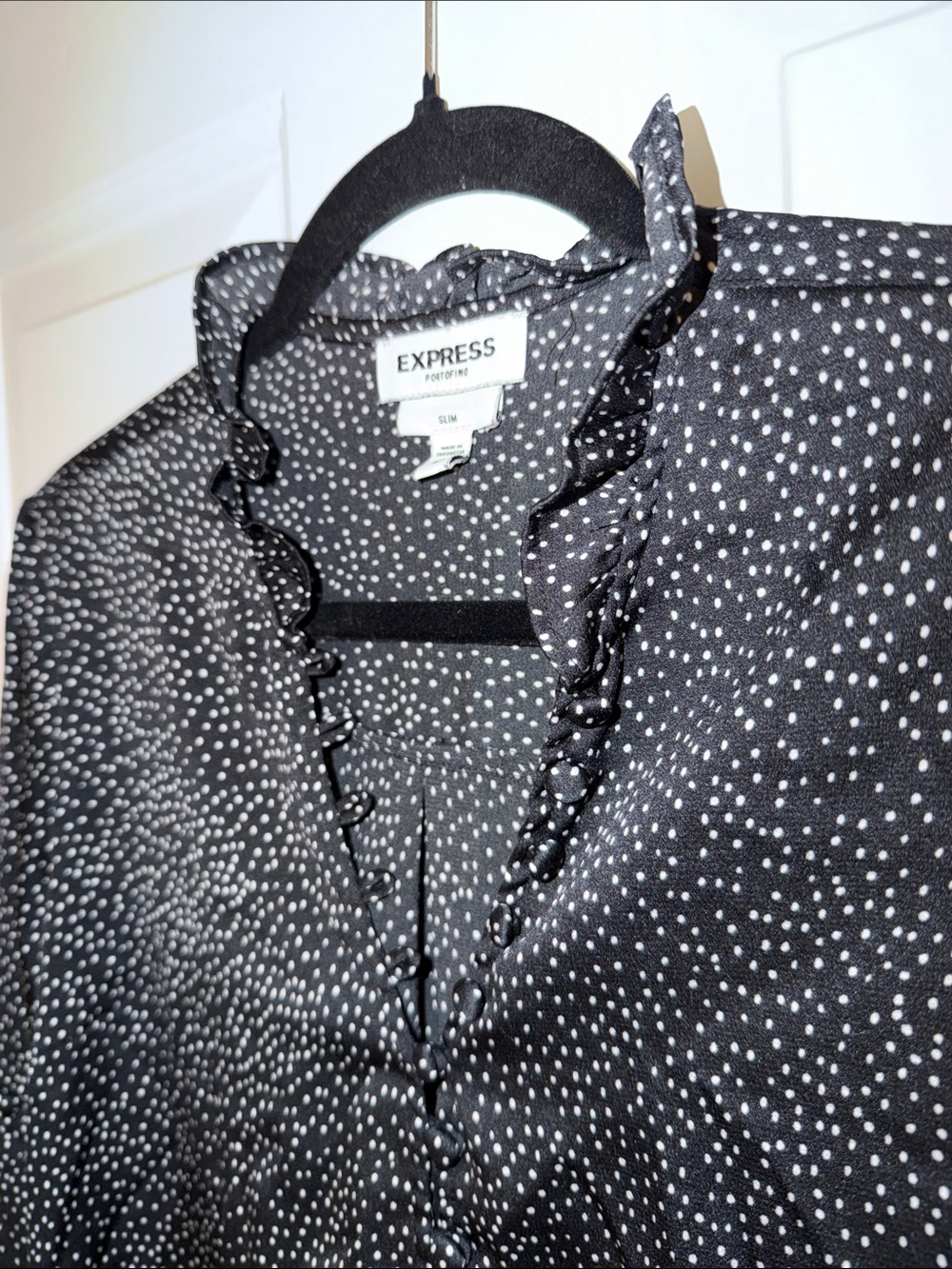 Express Black Polka Dot Ruffle-Neck Blouse - Picture 8 of 9